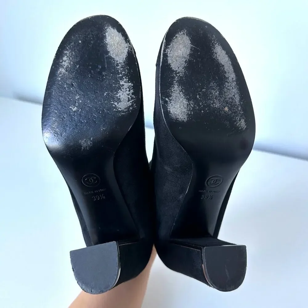 CHANEL Black Suede Gold Logo Chelsea Heel Ankle Boots IT 39.5 - Picture 9 of 16